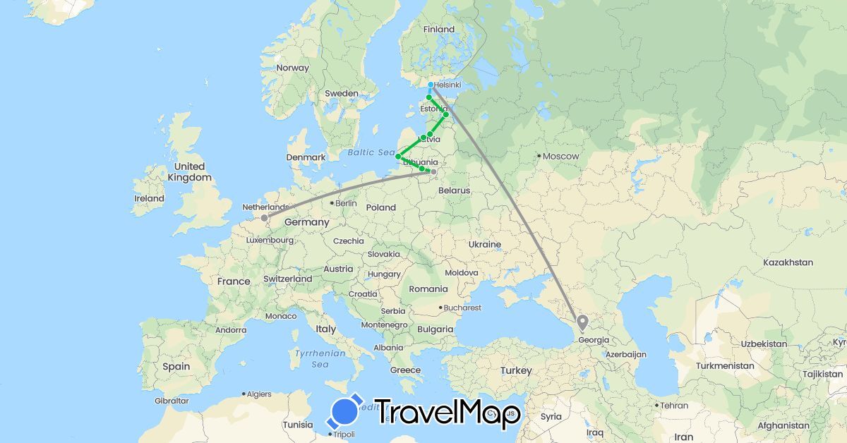 TravelMap itinerary: driving, bus, plane, boat in Estonia, Finland, Georgia, Lithuania, Latvia, Netherlands (Asia, Europe)