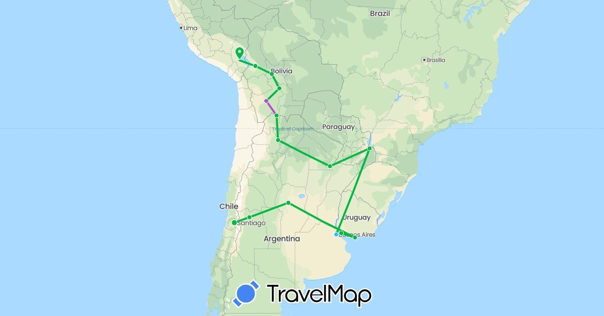 TravelMap itinerary: bus, plane, train, boat in Argentina, Bolivia, Brazil, Chile, Peru, Uruguay (South America)