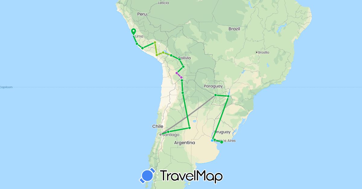 TravelMap itinerary: bus, plane, train, boat, electric vehicle in Argentina, Bolivia, Chile, Peru, Paraguay, Uruguay (South America)
